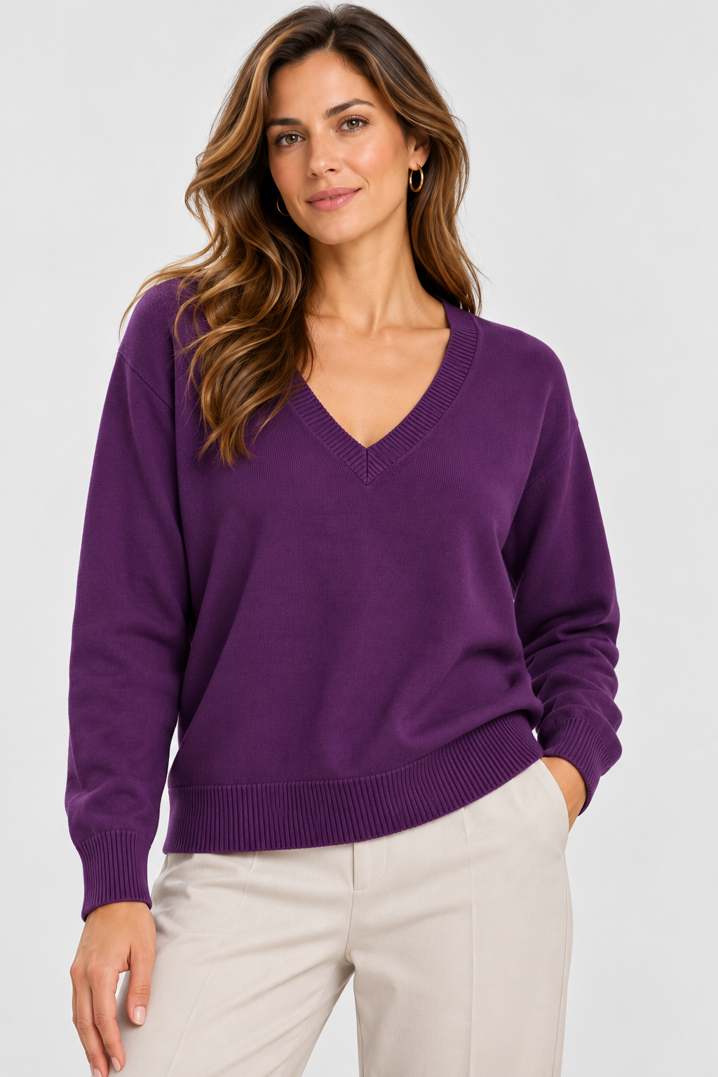Pull col en V en maille douce - Collection Premium - VB8010 — visuel 2 — Pomelo