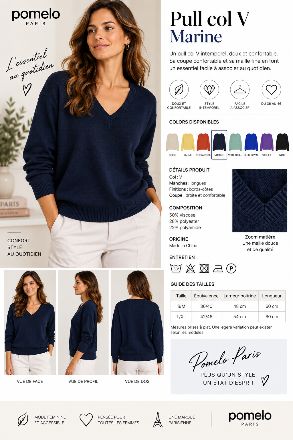 Pull col en V en maille douce - Collection Premium - VB8010