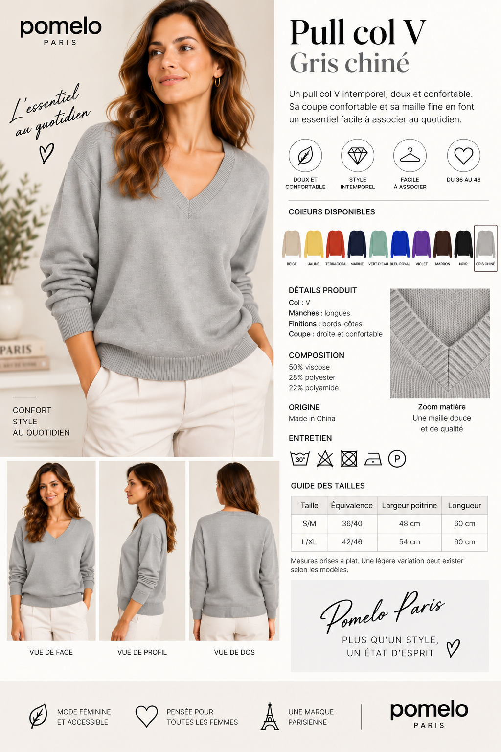 Pull col en V en maille douce - Collection Premium - VB8010 — visuel 18 — Pomelo