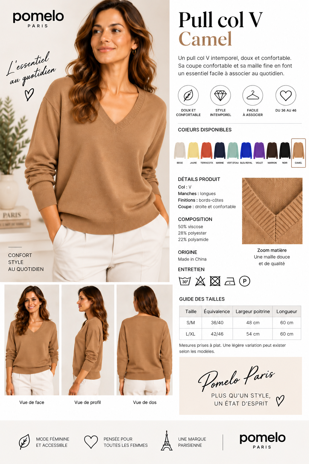 Pull col en V en maille douce - Collection Premium - VB8010