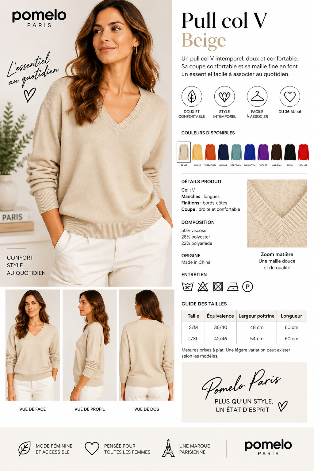 Pull col en V en maille douce - Collection Premium - VB8010