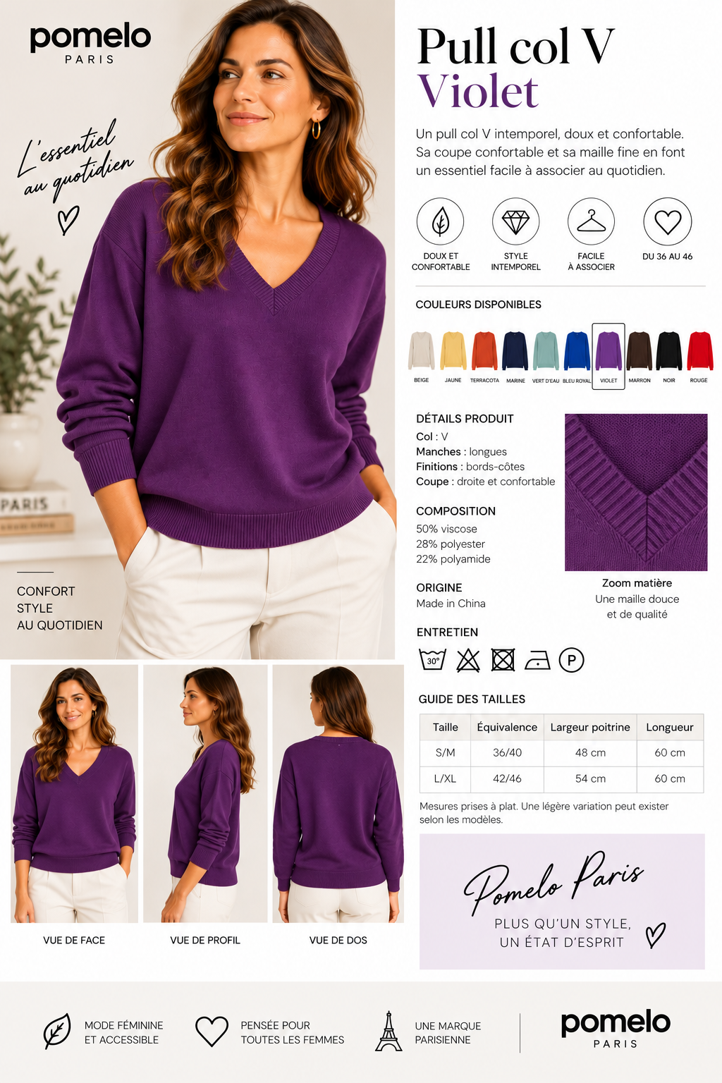 Pull col en V en maille douce - Collection Premium - VB8010 — visuel 5 — Pomelo