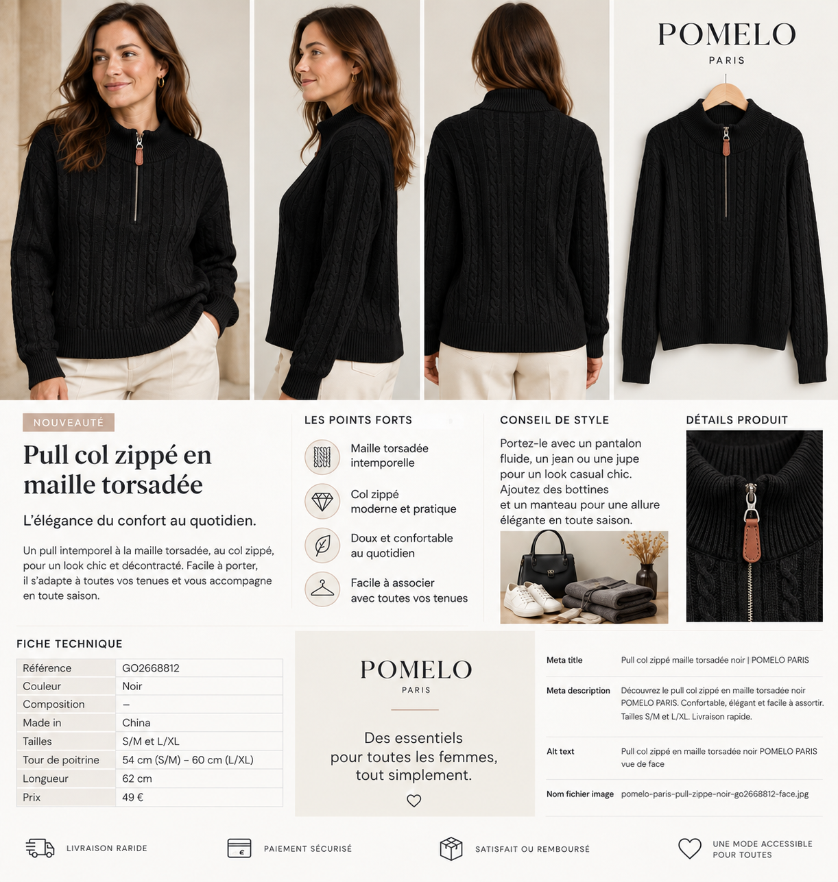 Pull Col Camionneur en Maille Torsadée Premium - GO2668812 — visuel 10 — Pomelo