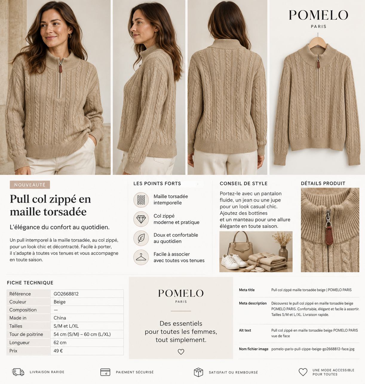 Pull Col Camionneur en Maille Torsadée Premium - GO2668812 — visuel 5 — Pomelo