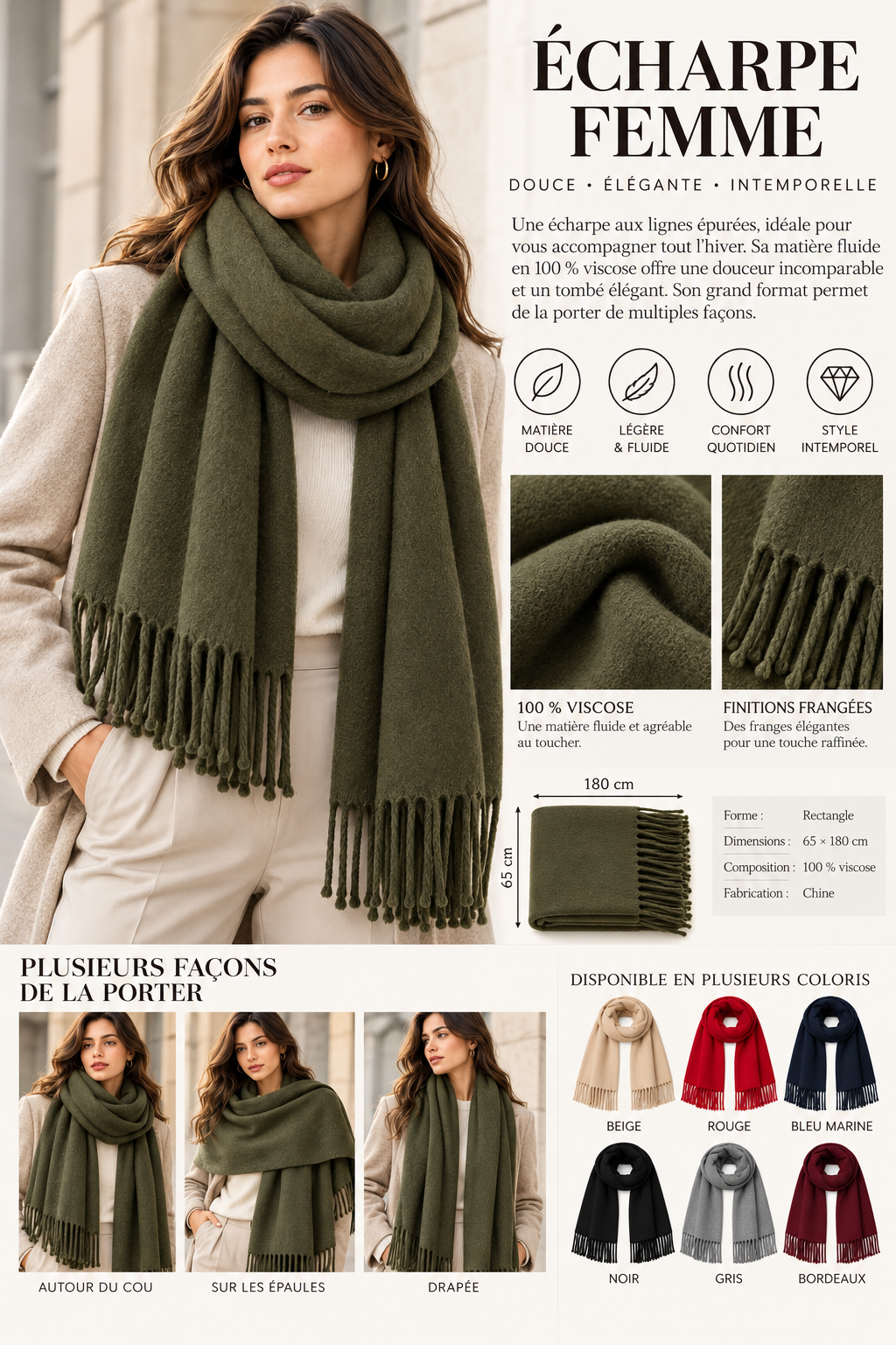 Écharpe rectangle femme en viscose – 65 × 180 cm