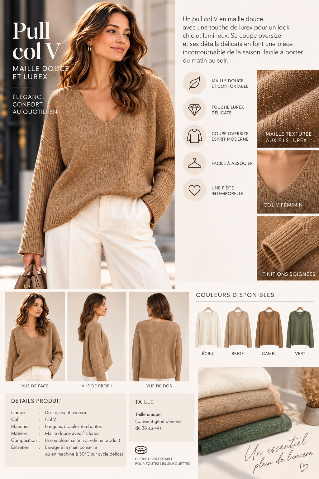 Pull en maille fine lurex à col V - N8003