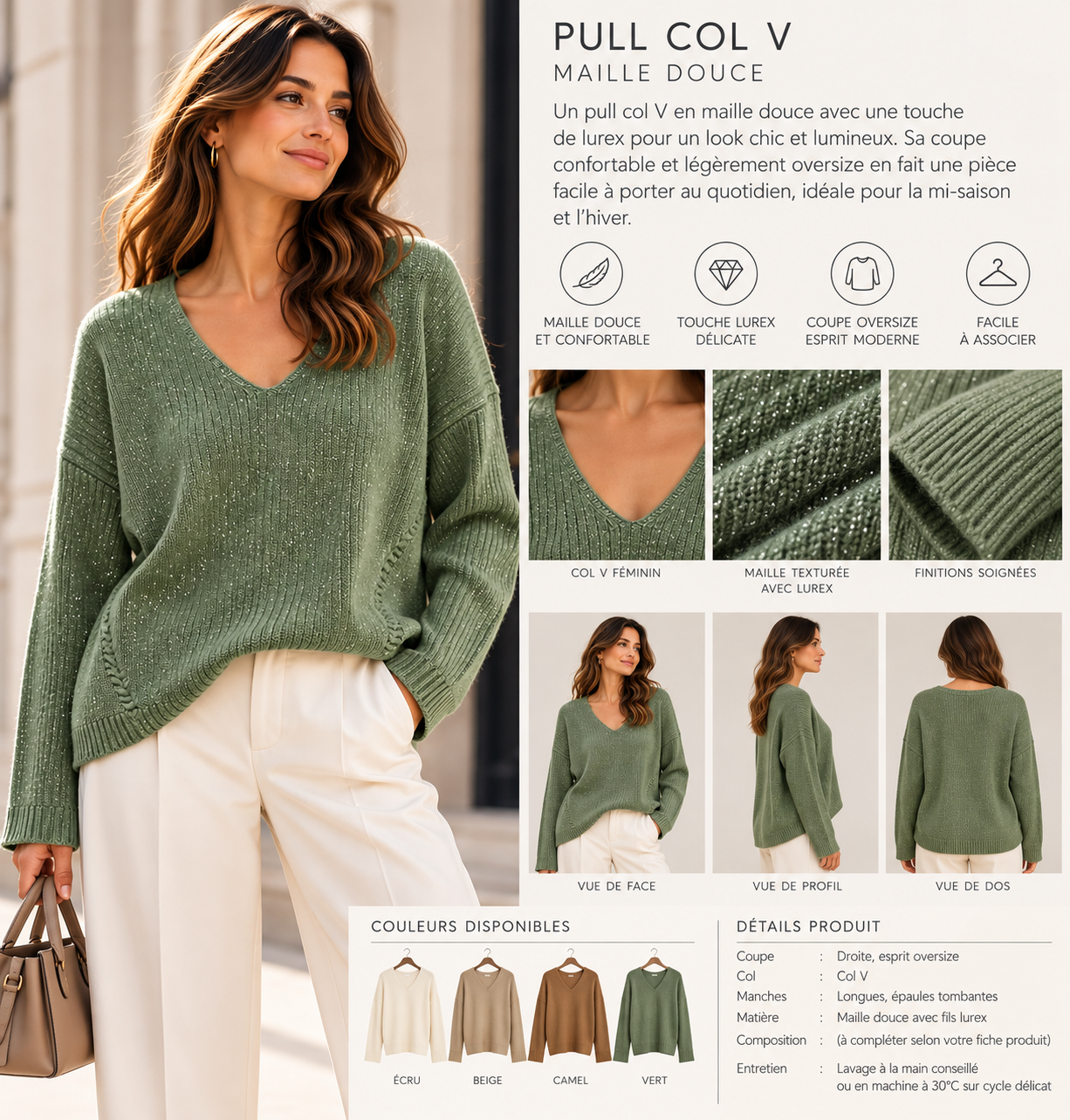 Pull en maille fine lurex à col V - N8003