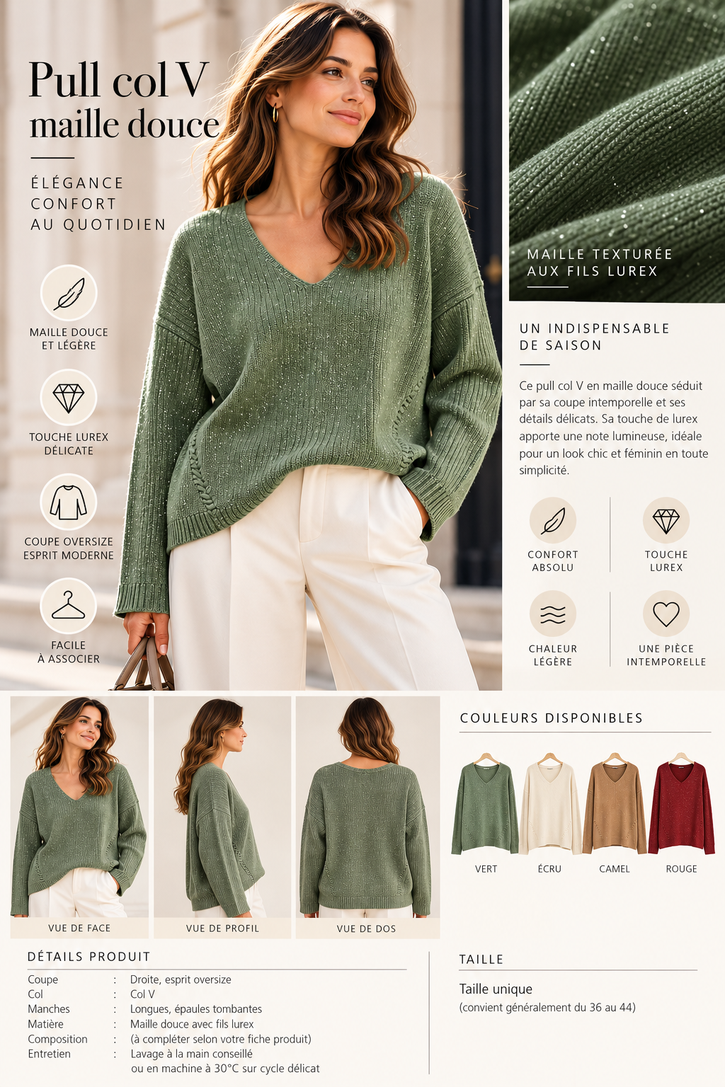 Pull en maille fine lurex à col V - N8003