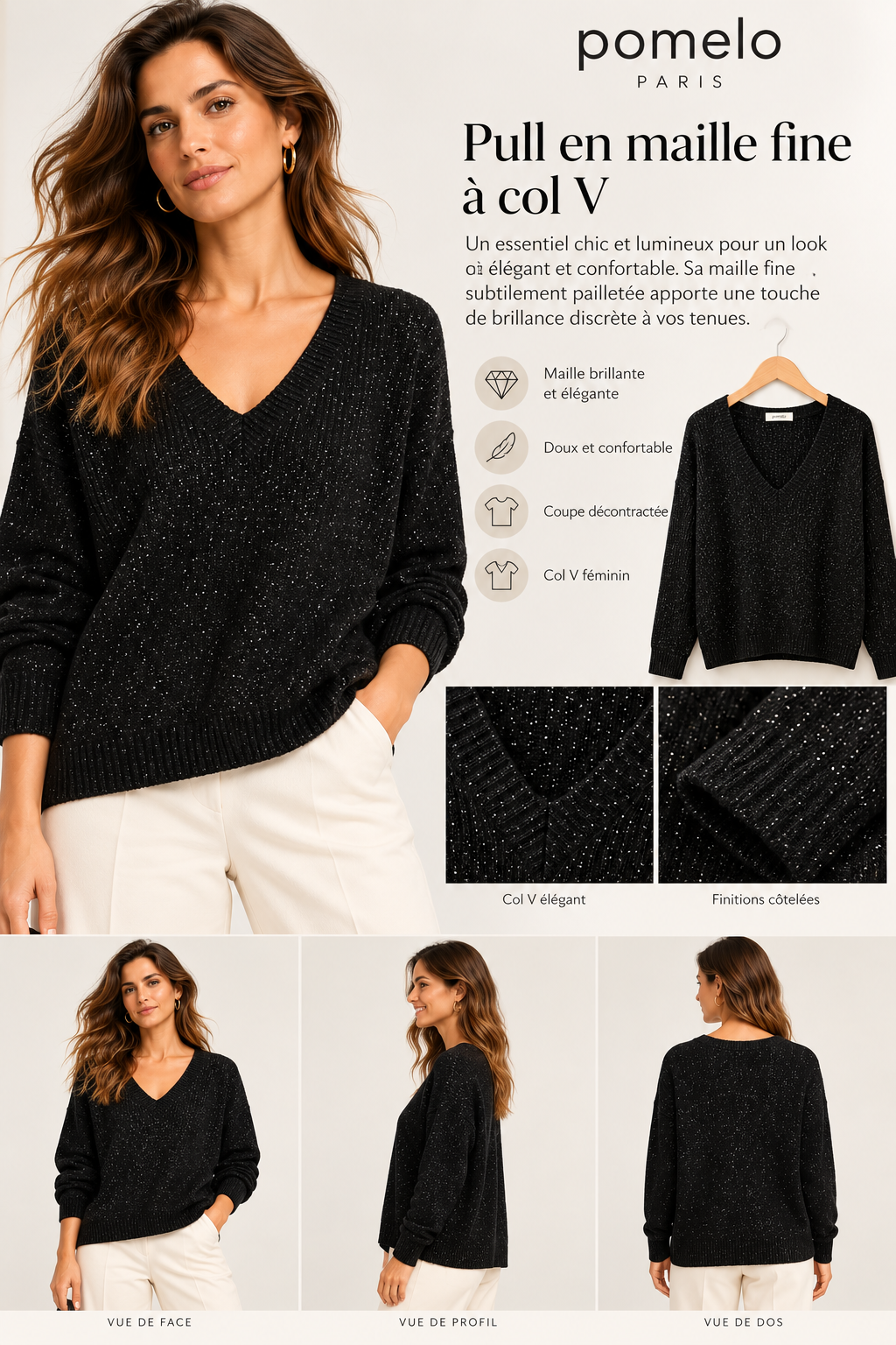 Pull en maille fine lurex à col V - N8003