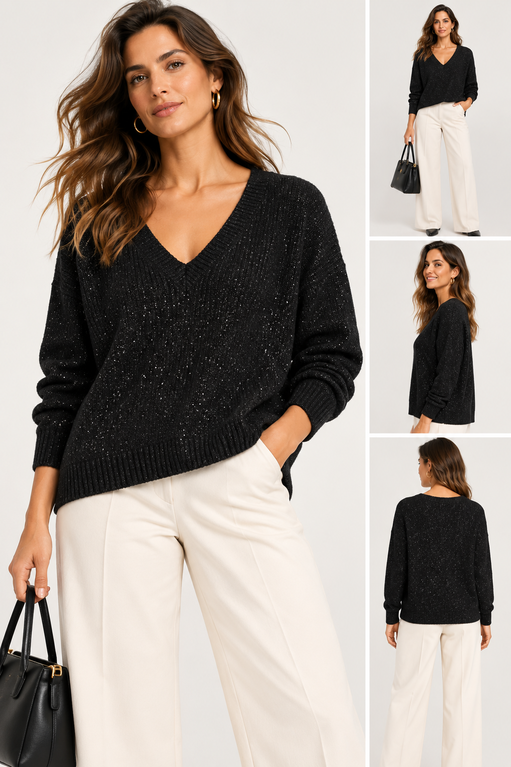 Pull en maille fine lurex à col V - N8003