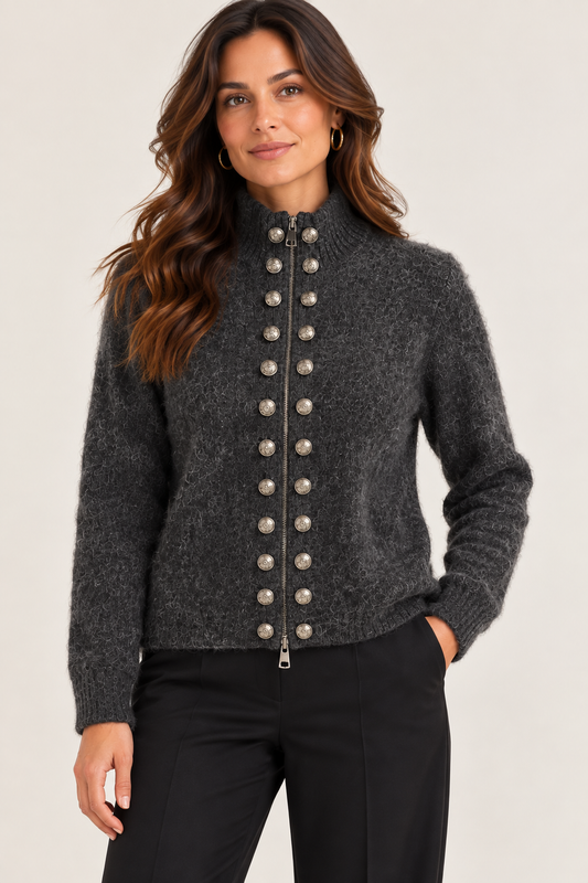 Gilet en maille duveteuse taupe à double boutonnage