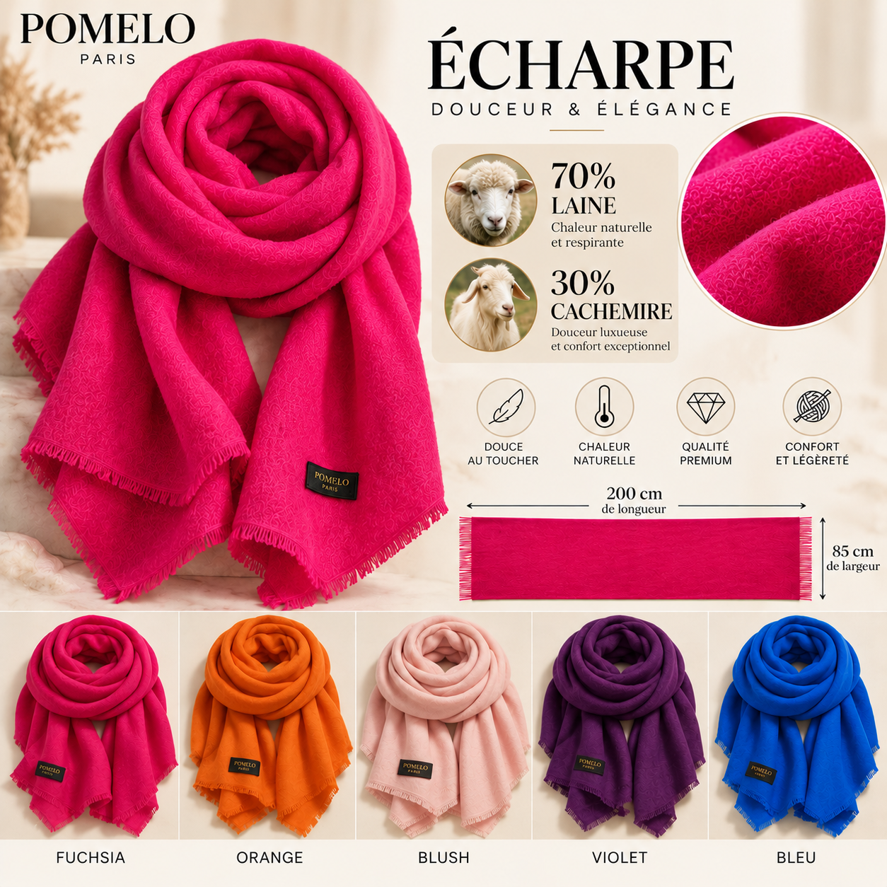 ÉCHARPE 70 % LAINE – 30 % CACHEMIRE | POMELO PARIS