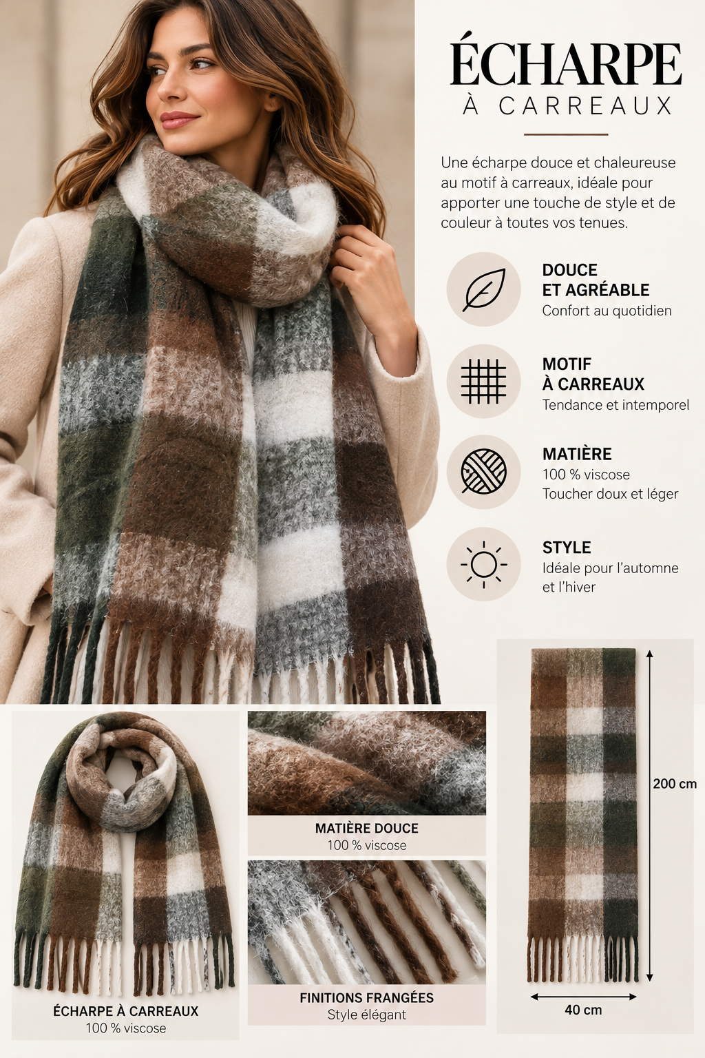 Écharpe à carreaux kaki – 100 % viscose