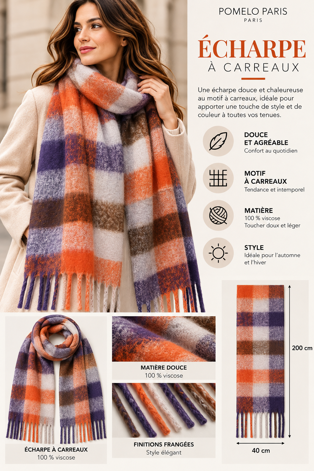 Écharpe à carreaux violet – 100 % viscose