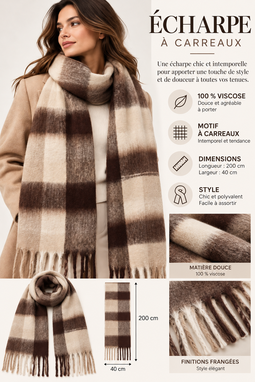 Écharpe à carreaux marron – 100 % viscose
