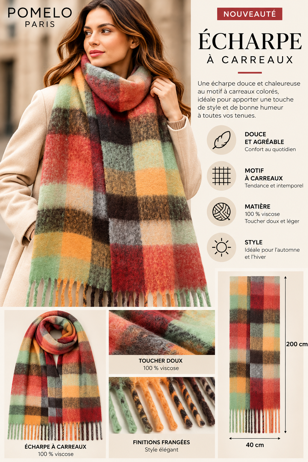 Écharpe à carreaux orange vert – 100 % viscose