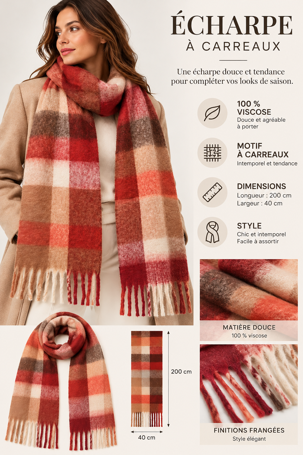 Écharpe à carreaux brique – 100 % viscose