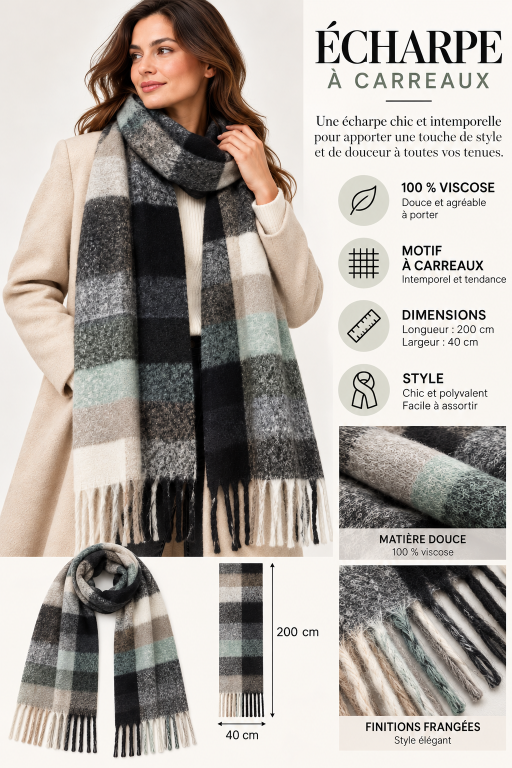 Écharpe à carreaux vert amende – 100 % viscose