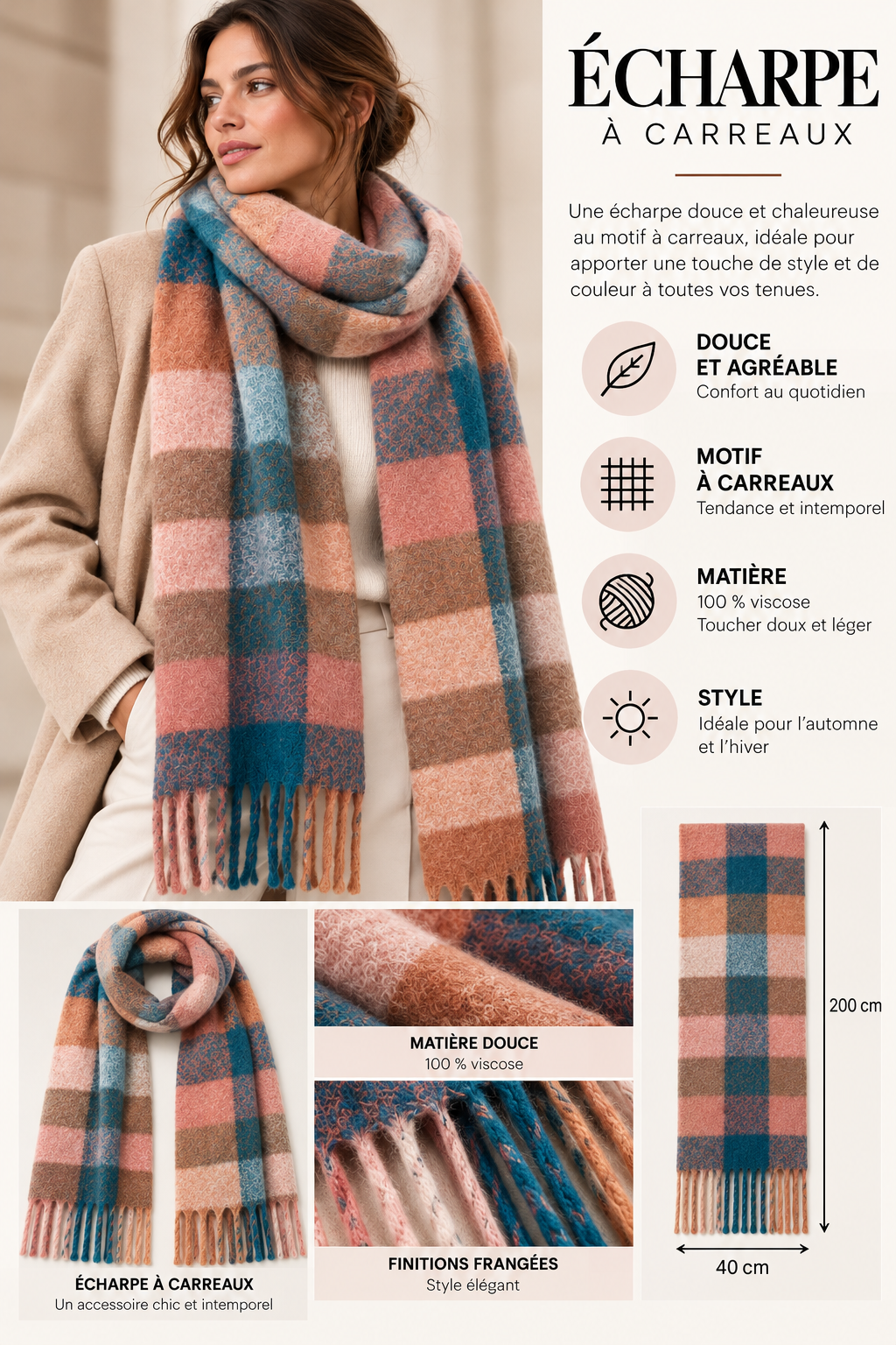 Écharpe à carreaux corail – 100 % viscose