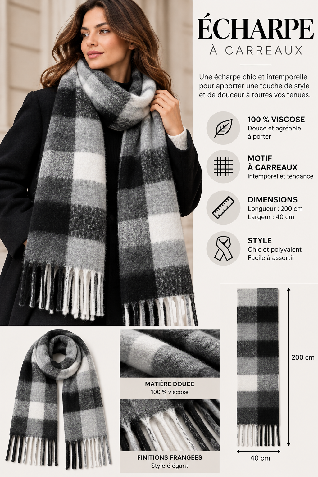 Écharpe à carreaux noir – 100 % viscose