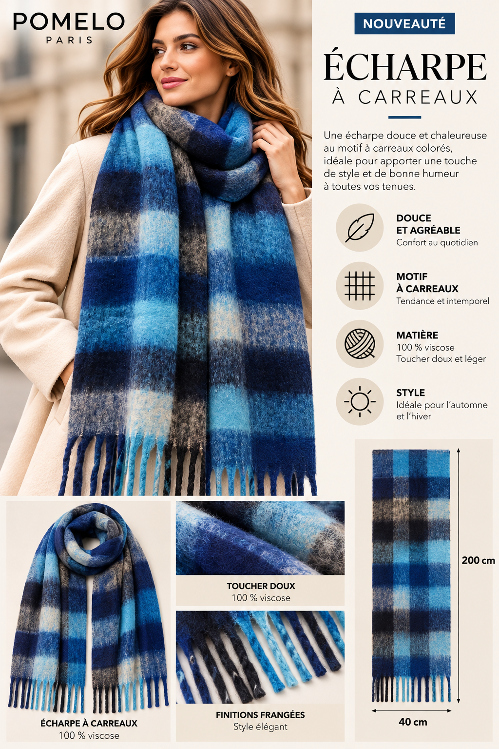 Écharpe à carreaux blue – 100 % viscose
