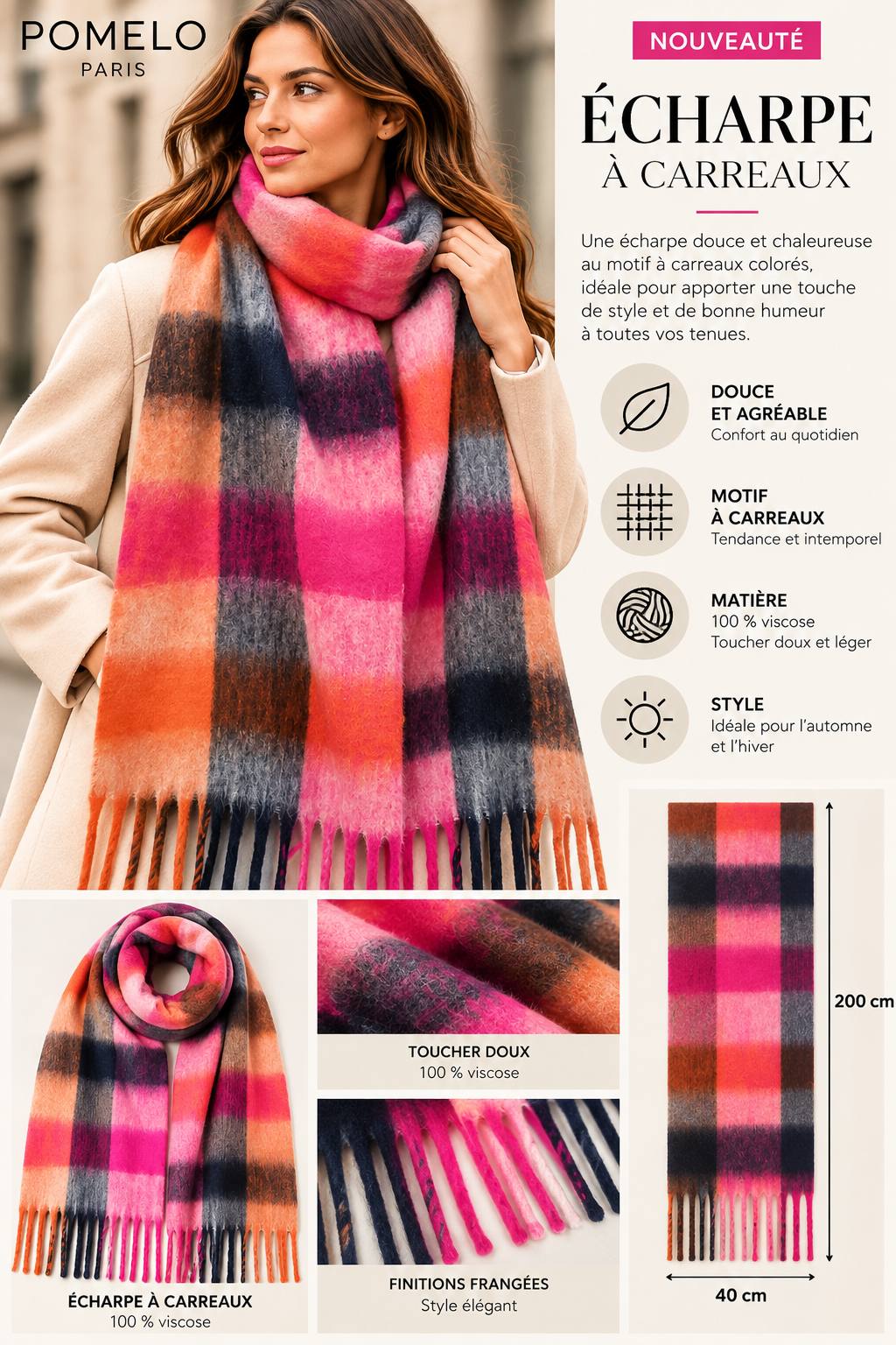 Écharpe à carreaux marine fushia– 100 % viscose