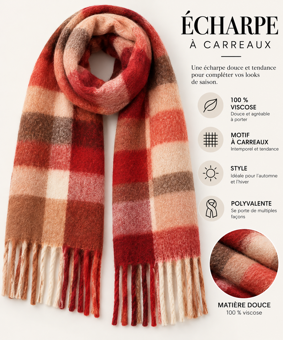 Écharpe à carreaux brique – 100 % viscose