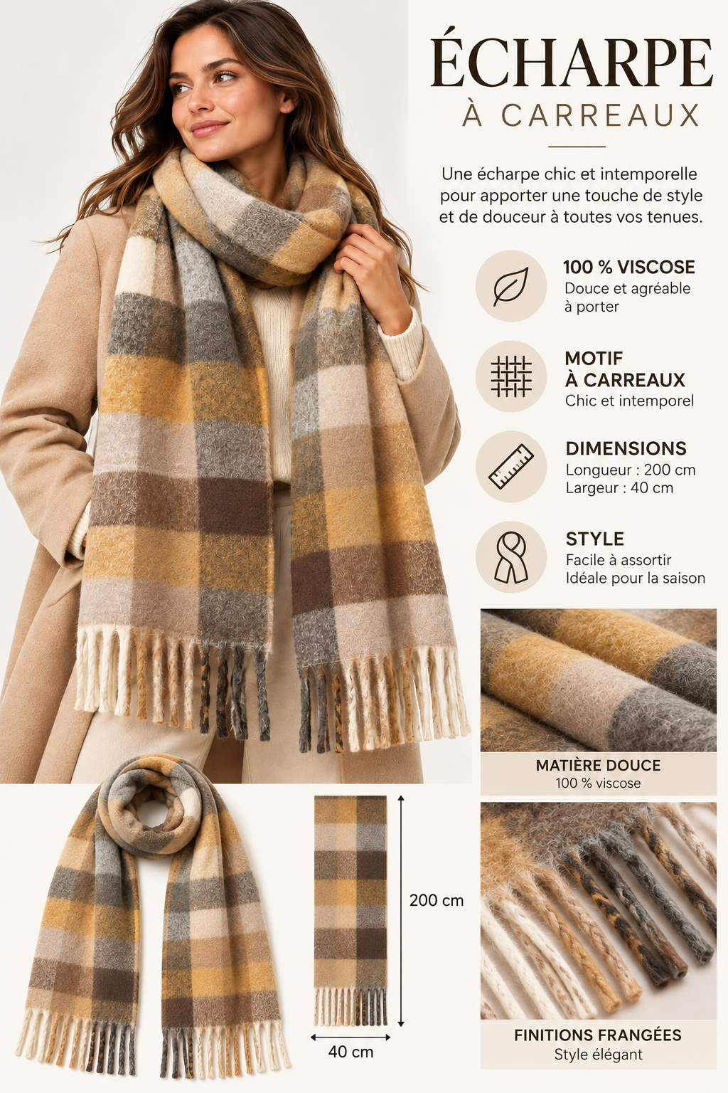 Écharpe à carreaux moutarde – 100 % viscose