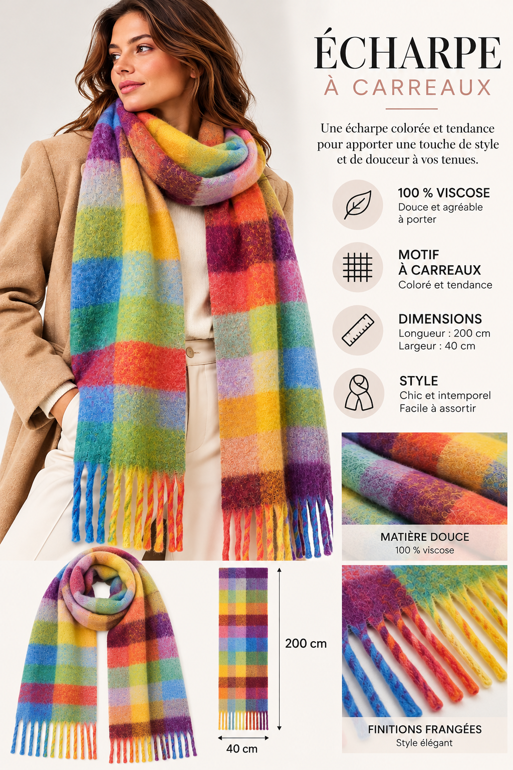 Écharpe à carreaux color – 100 % viscose