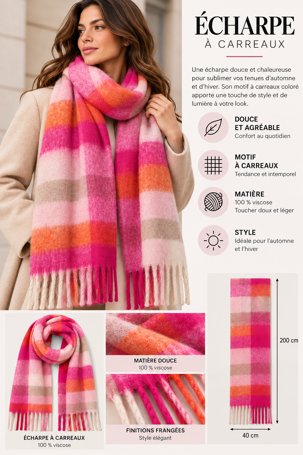 Écharpe à carreaux fuschia – 100 % viscose