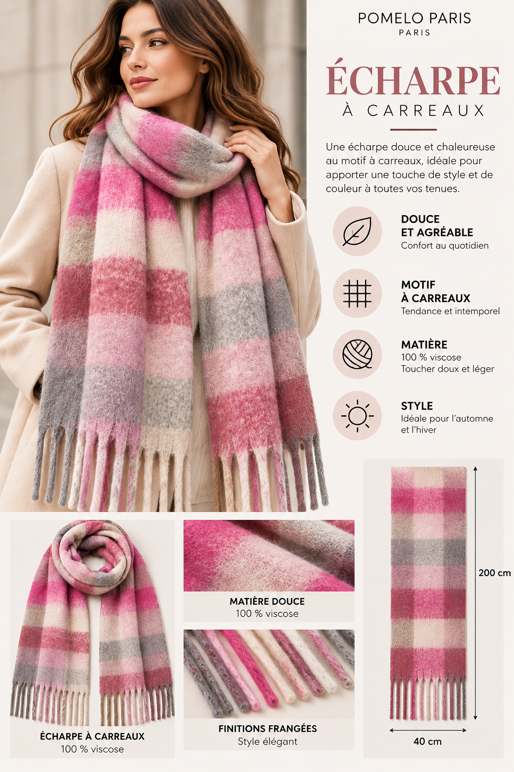 Écharpe à carreaux rose – 100 % viscose