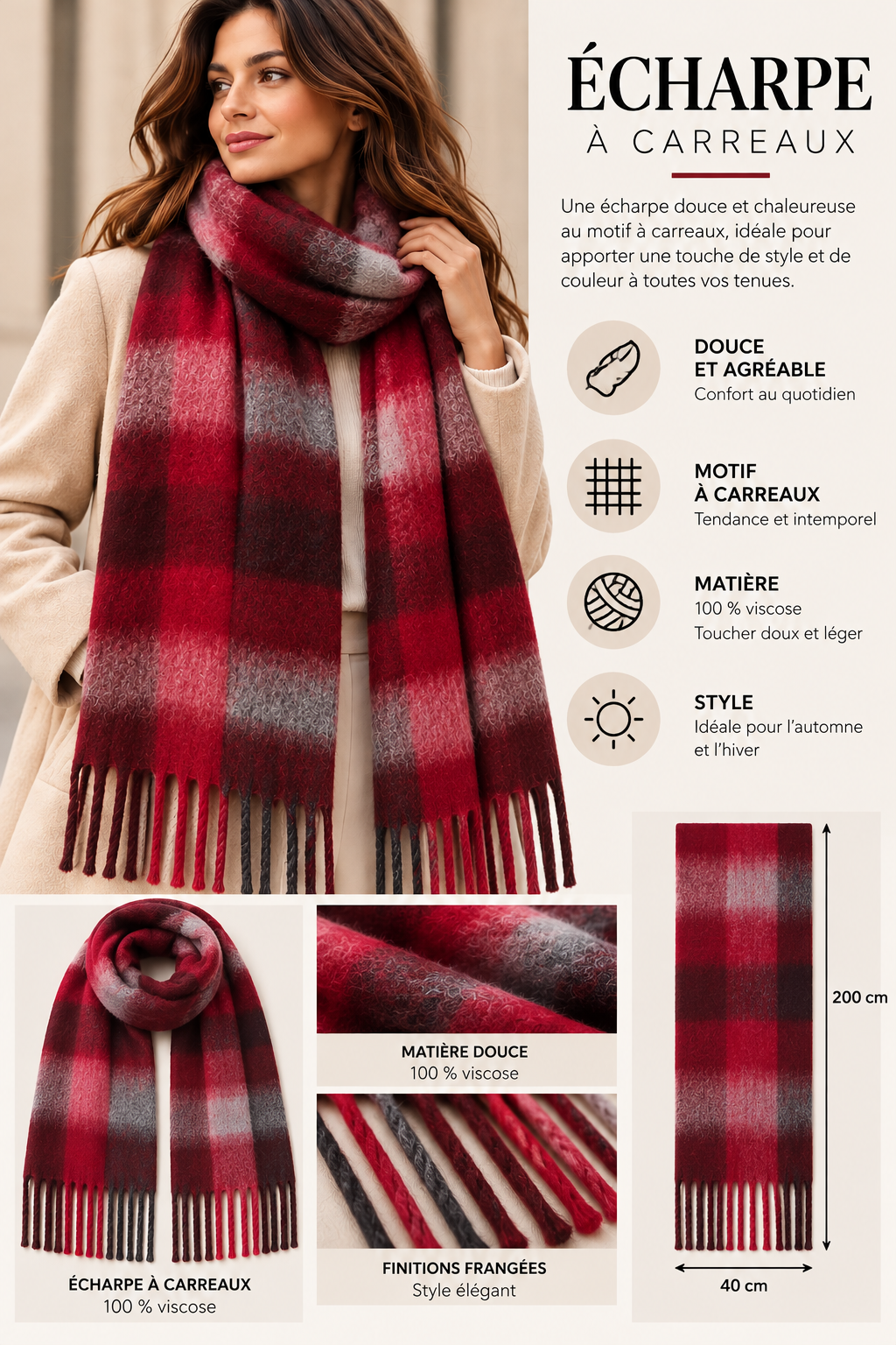 Écharpe à carreaux bordeaux – 100 % viscose
