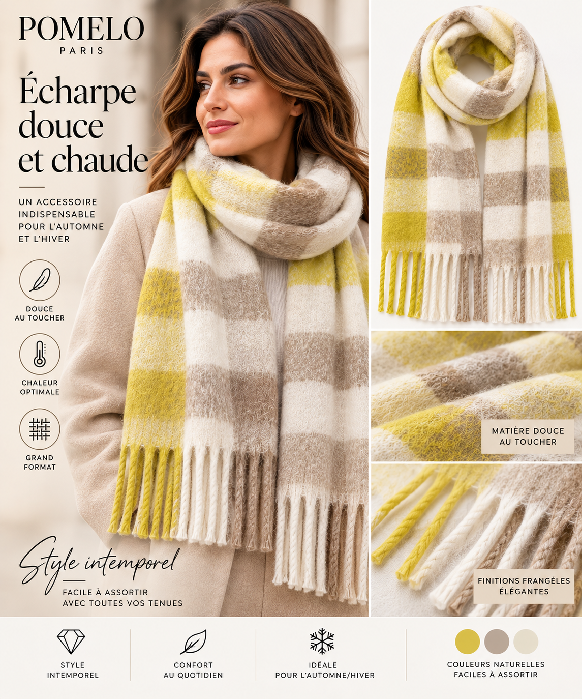 Écharpe à carreaux jaune– 100 % viscose