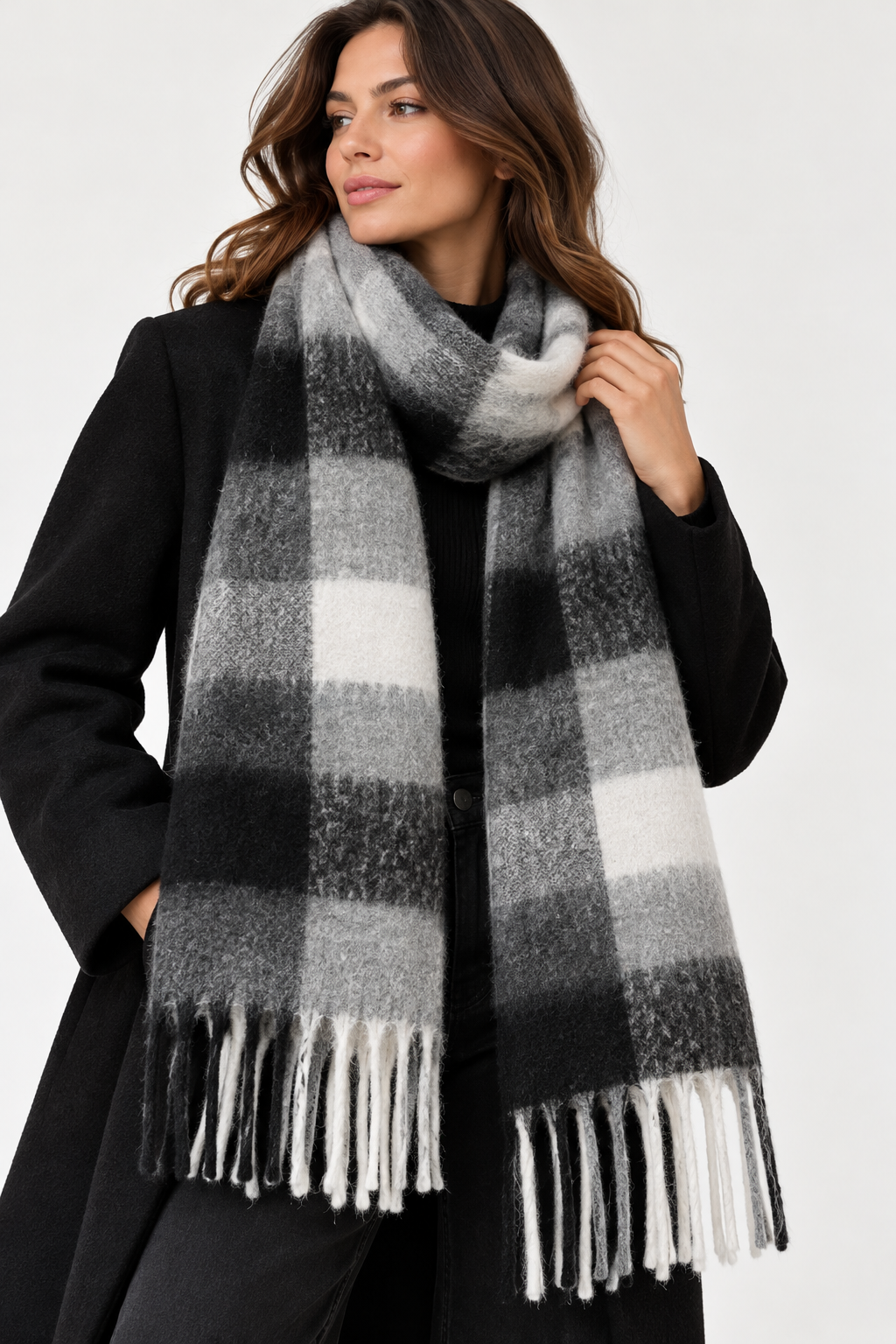 Écharpe à carreaux noir – 100 % viscose