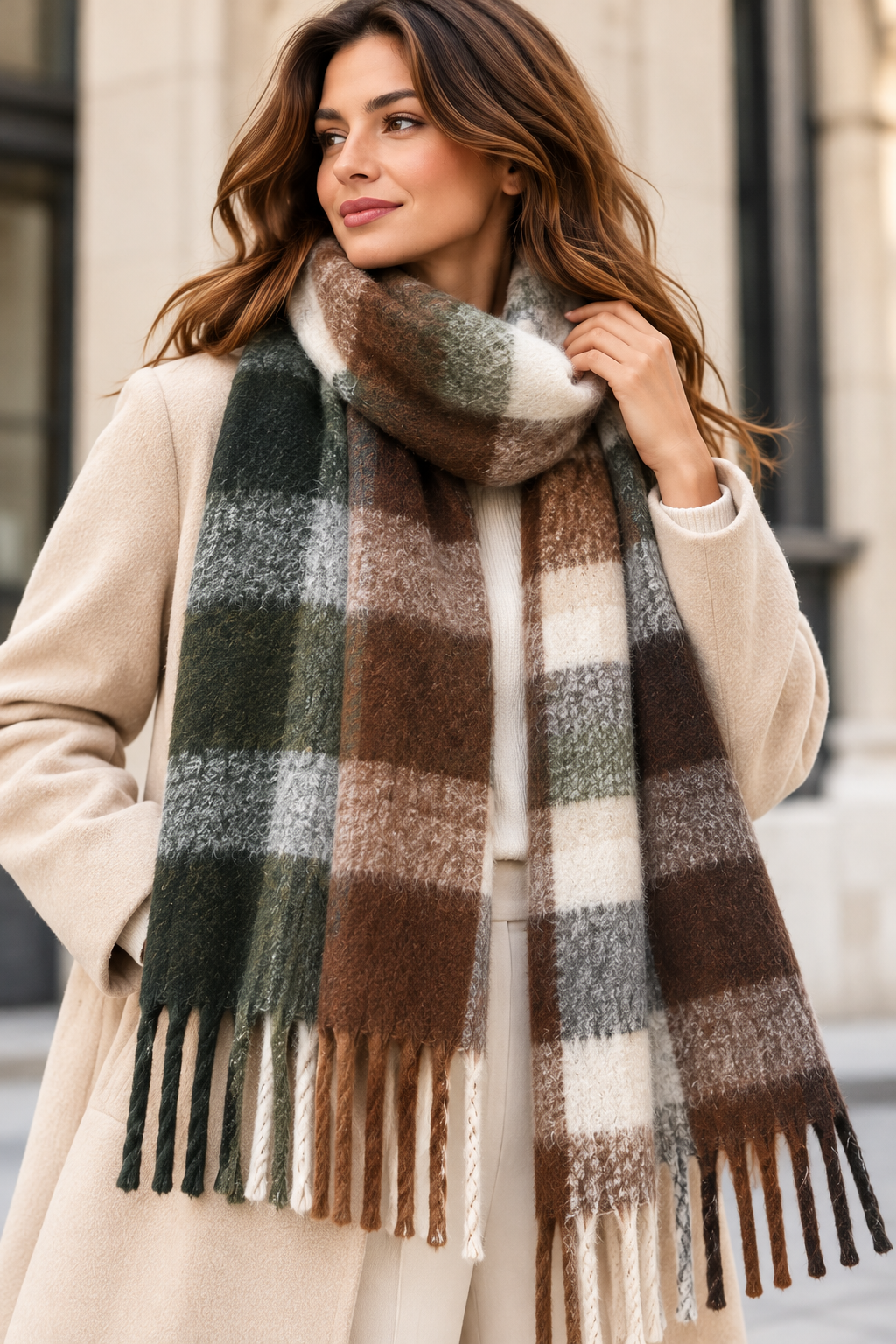 Écharpe à carreaux kaki – 100 % viscose