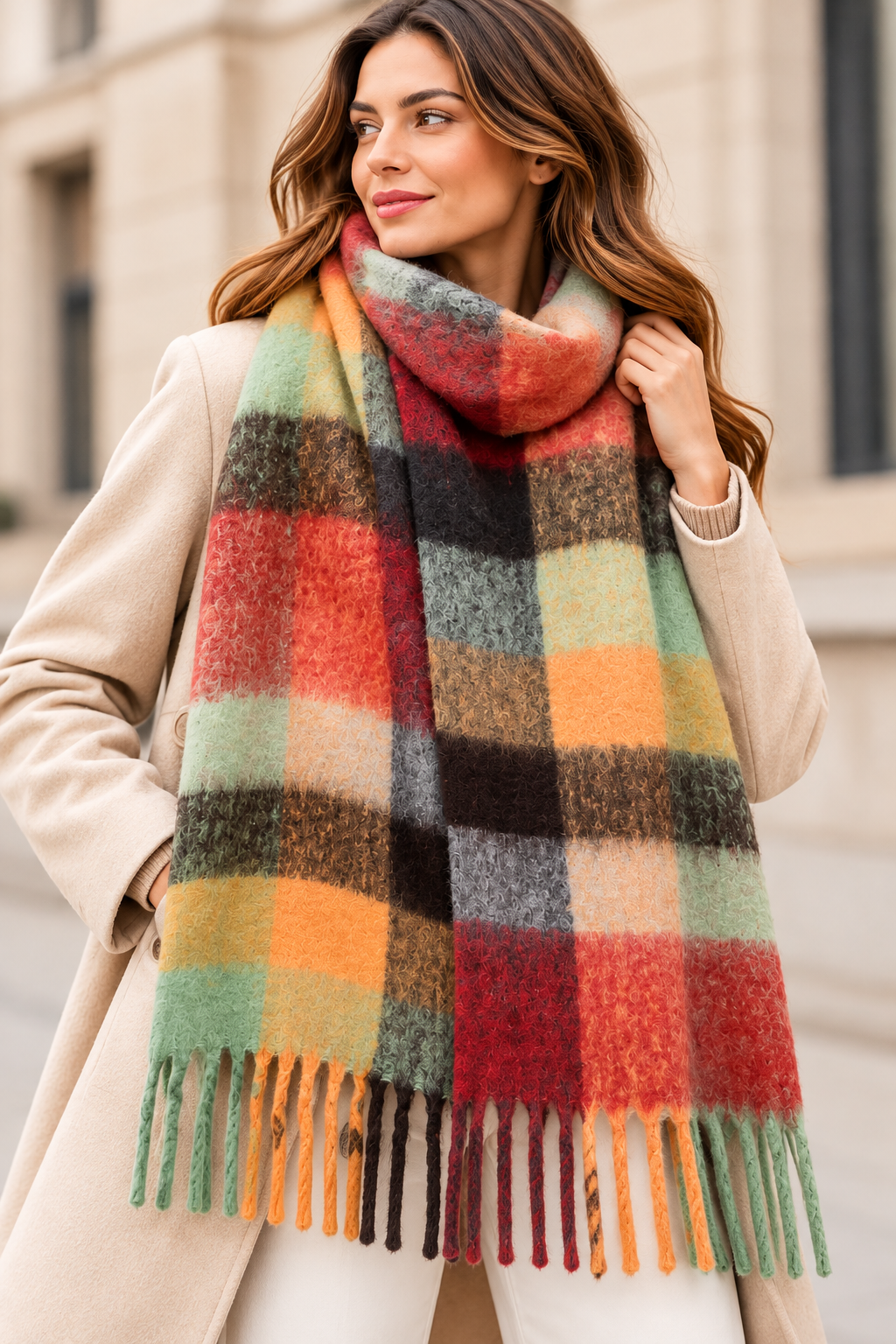 Écharpe à carreaux orange vert – 100 % viscose
