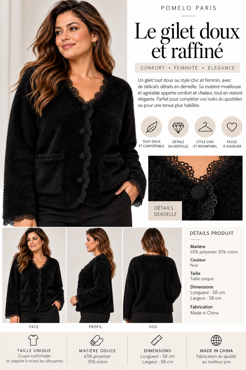 Gilet en maille douce avec détails en dentelle 2603 — visuel 9 — POMELO PARIS