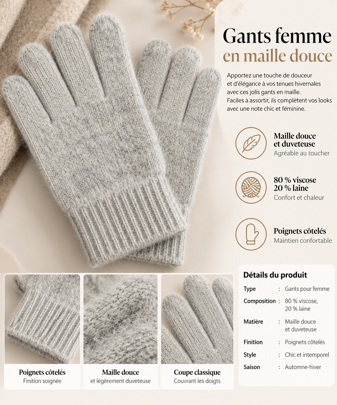 Gants en maille doux et élégants