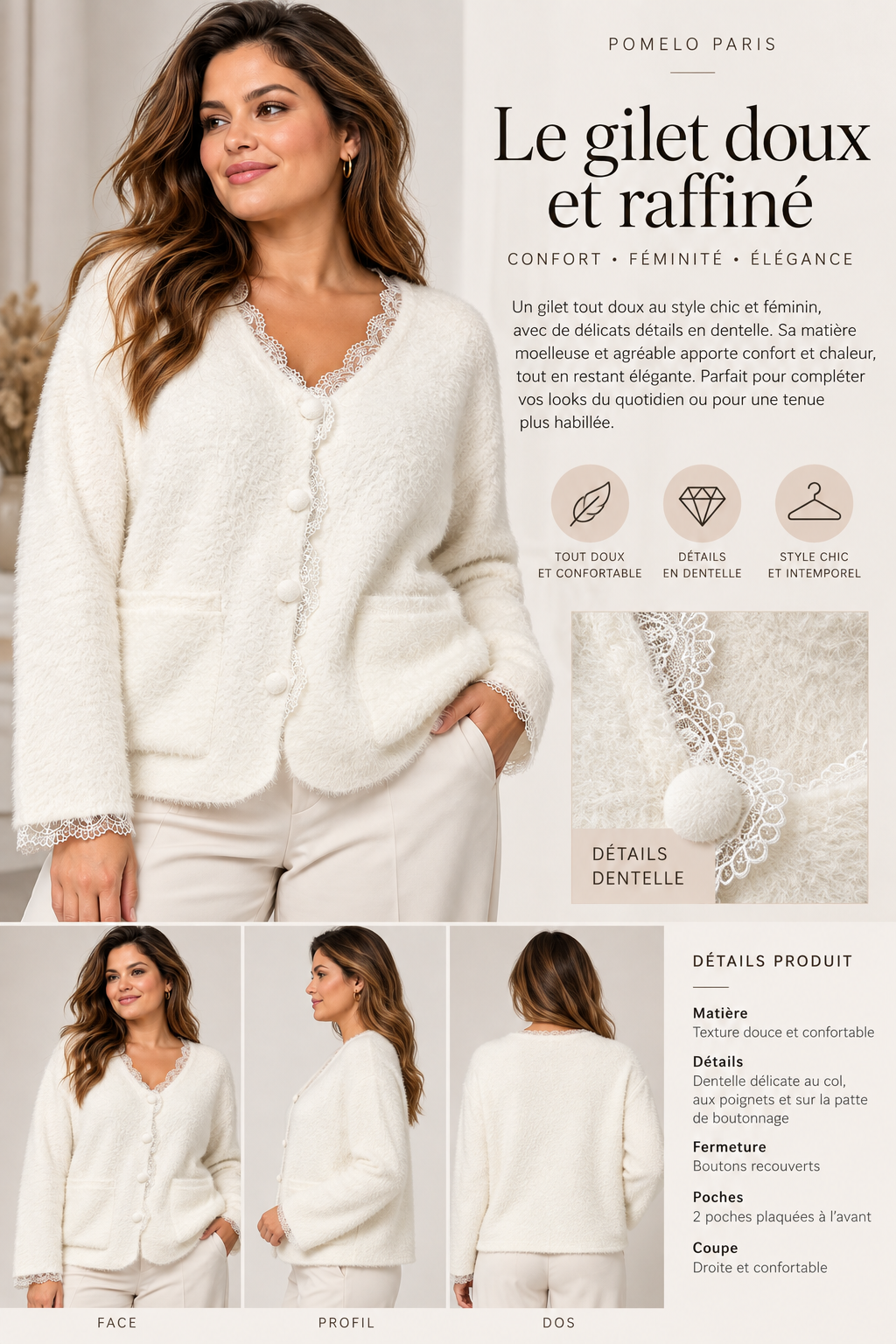 Gilet en maille douce avec détails en dentelle 2603 — visuel 2 — POMELO PARIS