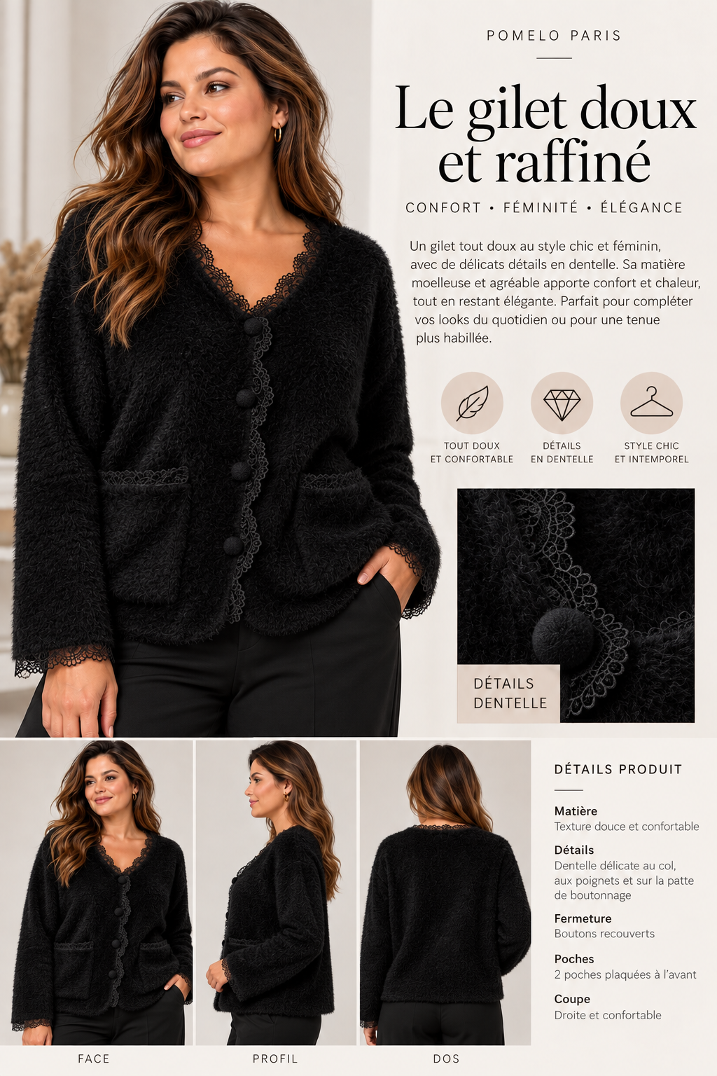 Gilet en maille douce avec détails en dentelle 2603 — POMELO PARIS