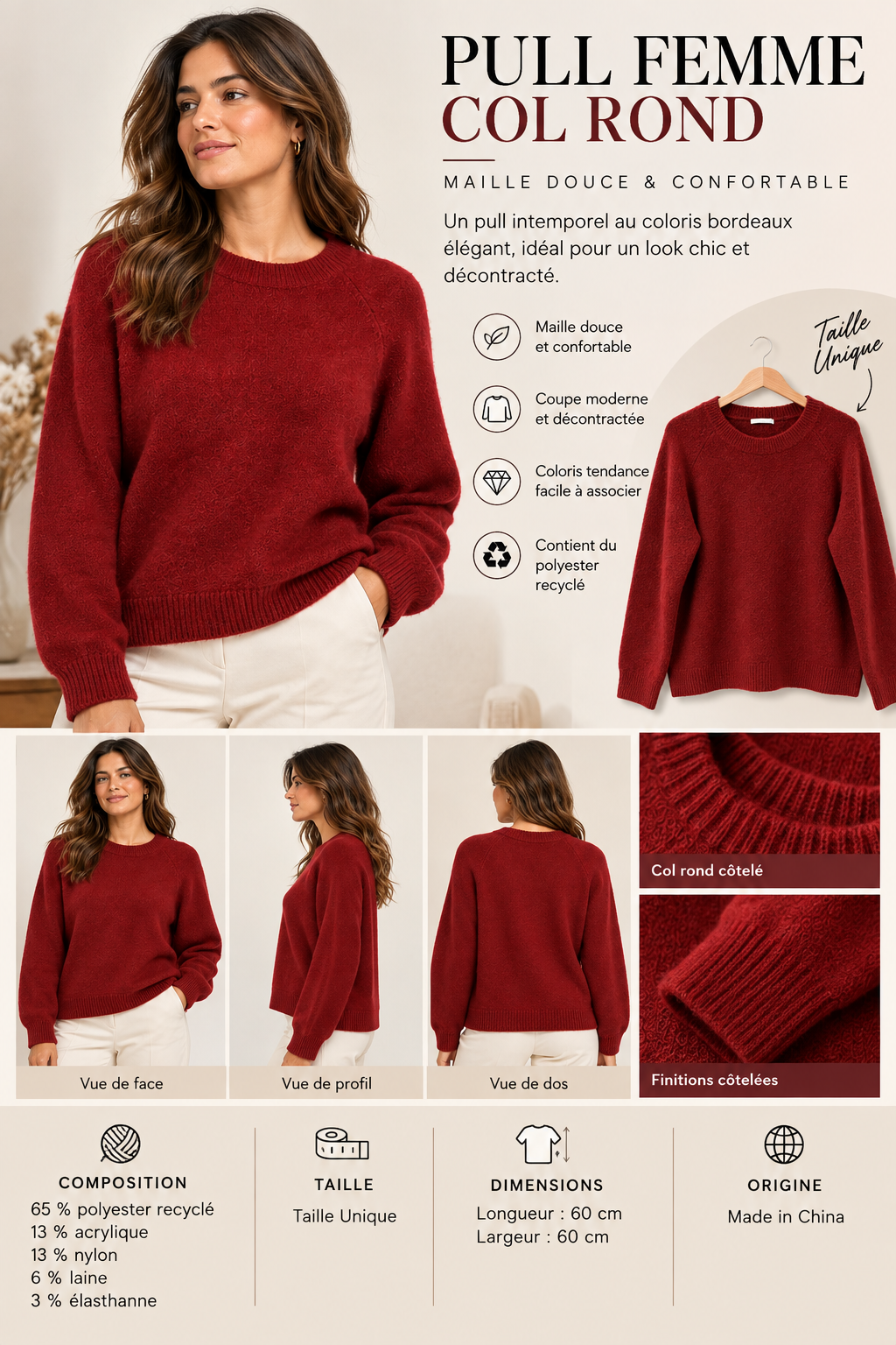 Pull col rond en maille douce Vb8008