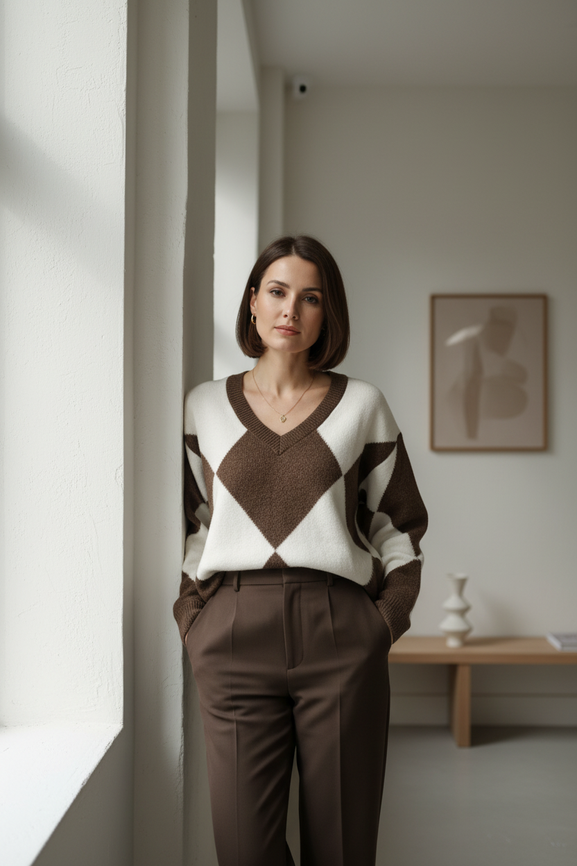 Pull Col V en Maille Losanges Jacquard - GO2668816 — visuel 3 — Pomelo