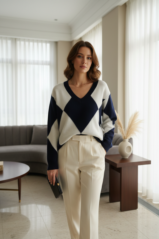 Pull Col V en Maille Losanges Jacquard - GO2668816