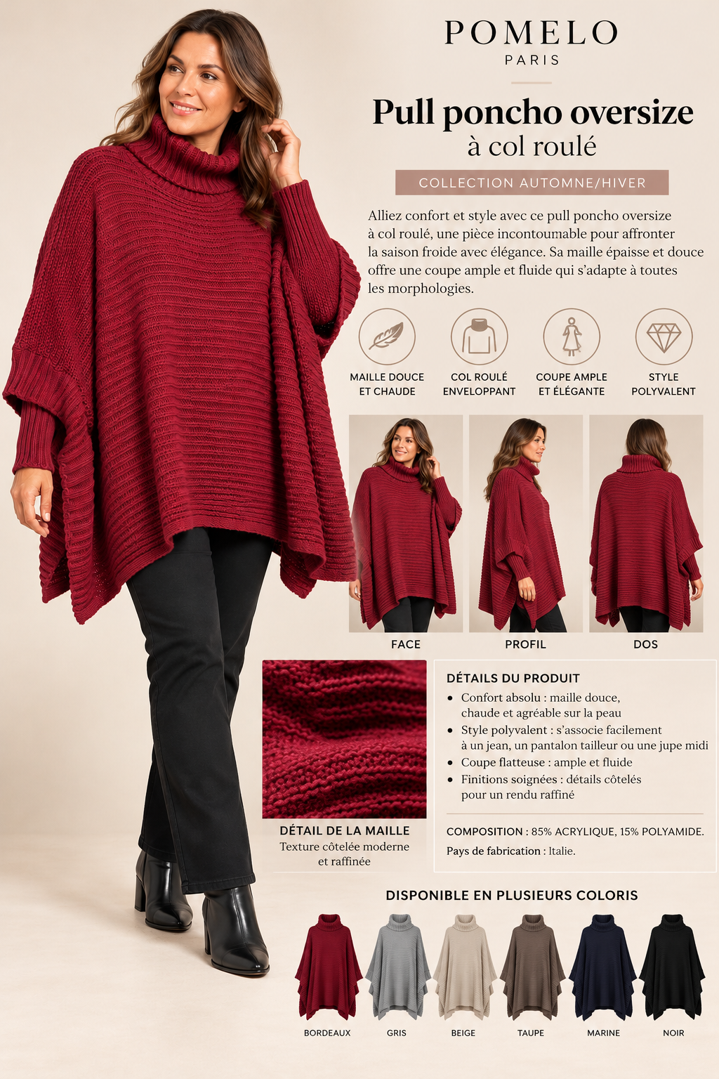 Pull poncho oversize à col roulé – Collection Automne/Hiver