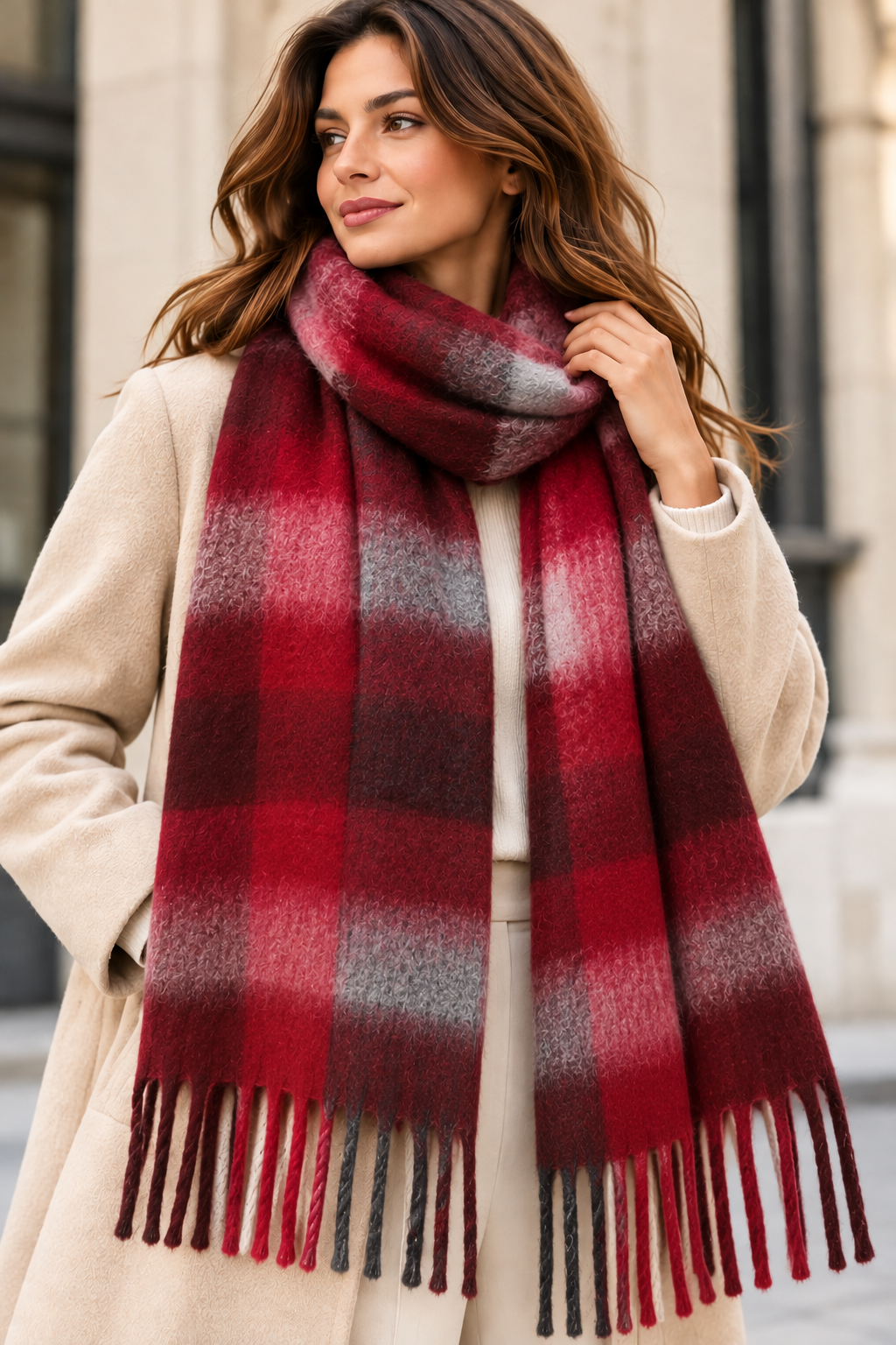 Écharpe à carreaux bordeaux – 100 % viscose