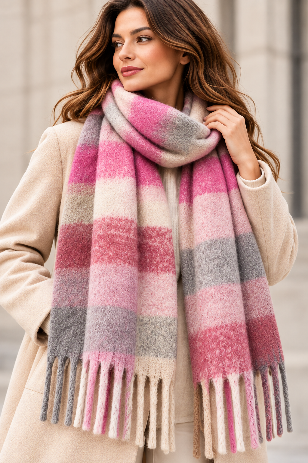 Écharpe à carreaux rose – 100 % viscose