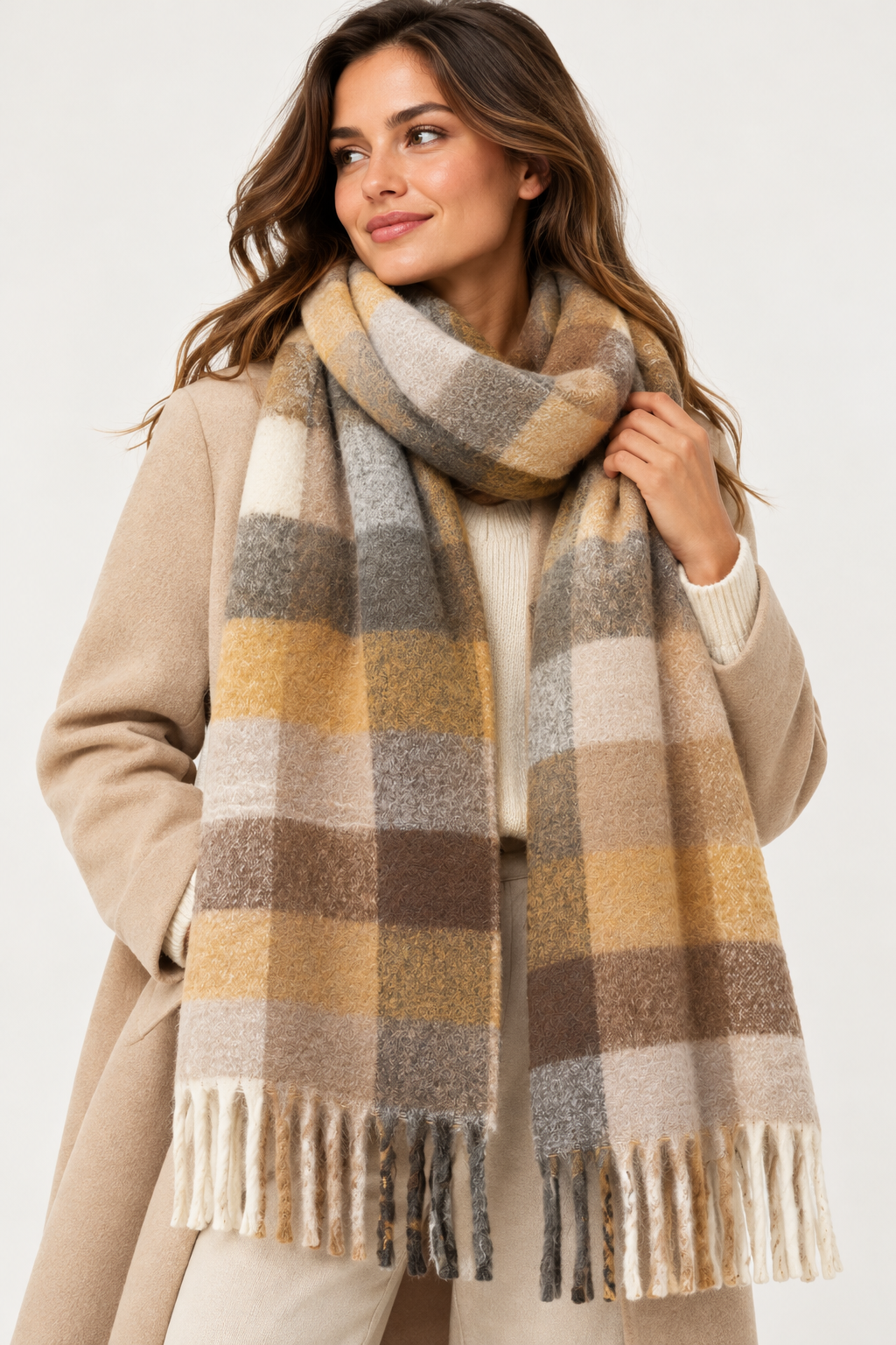 Écharpe à carreaux moutarde – 100 % viscose