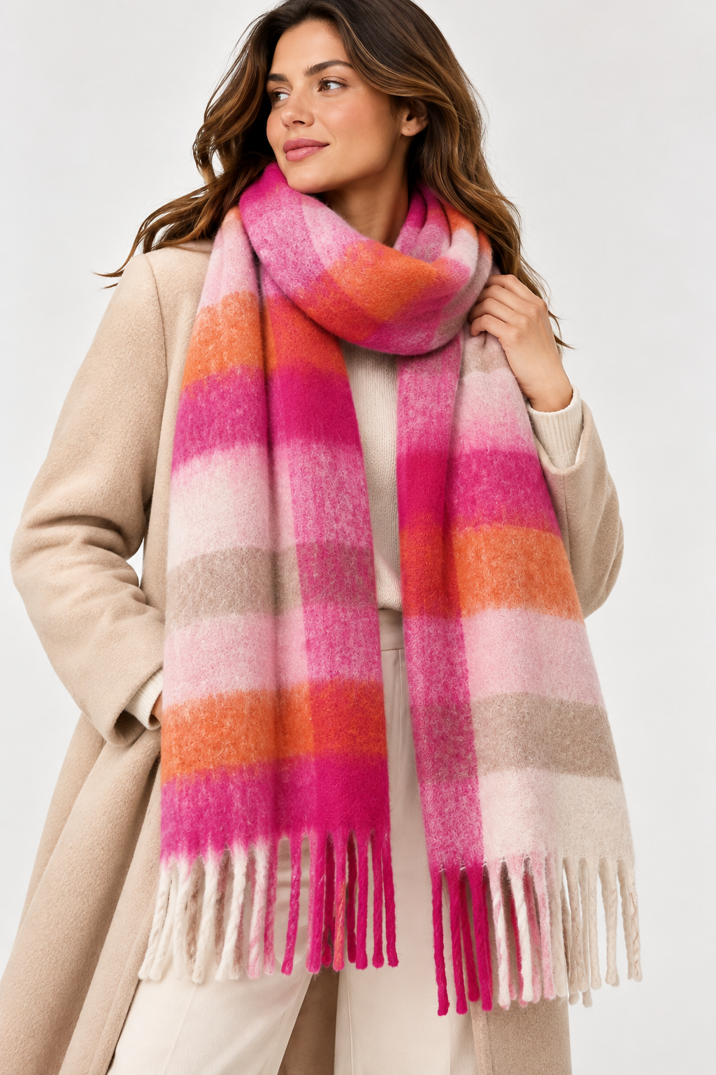 Écharpe à carreaux fuschia – 100 % viscose