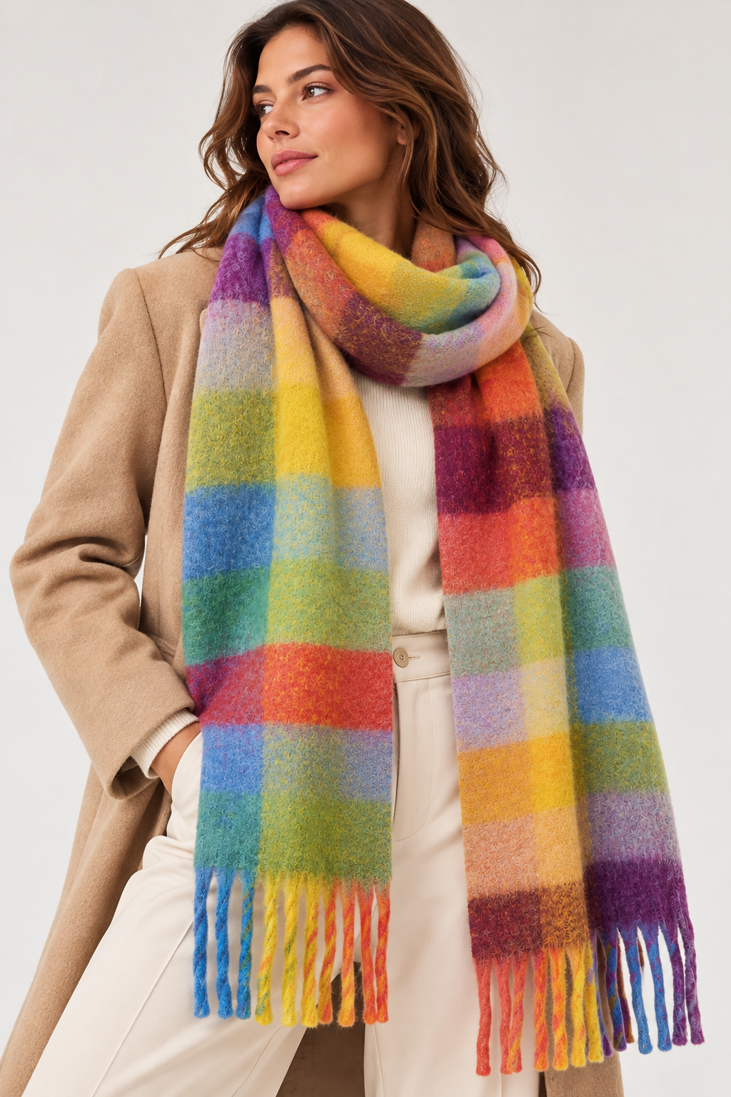 Écharpe à carreaux multicolore – 100 % viscose