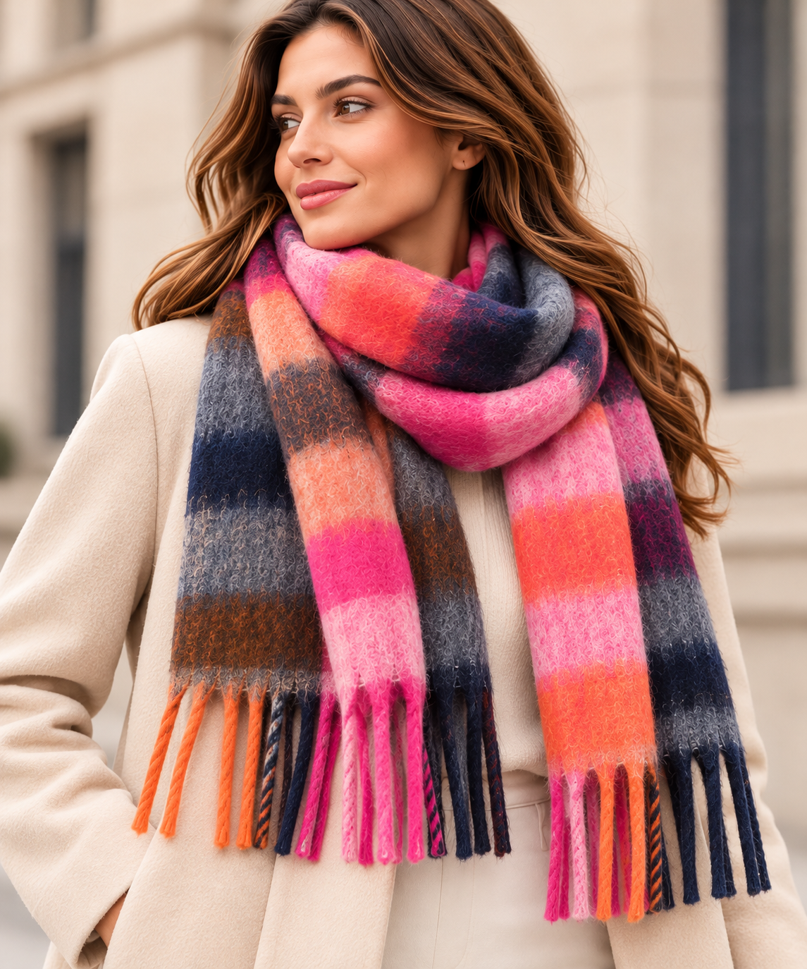 Écharpe à carreaux marine fushia– 100 % viscose
